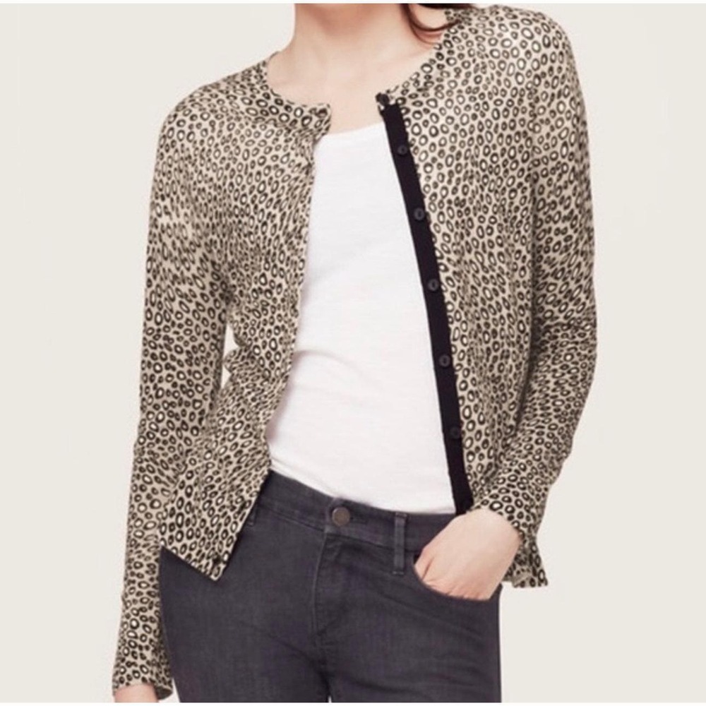 Ann Taylor LOFT Beige/Blk Ramie Blend Animal Print Button Cardigan Sweater Sz L‎